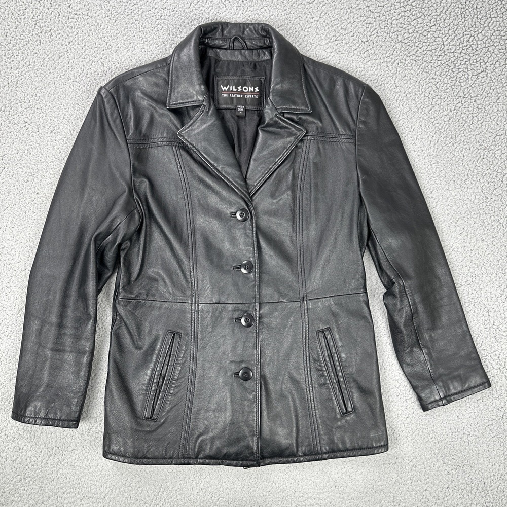 Wilson's Genuine Leather Button Up Jacket Women Black Medium Lined Coat Pockets